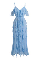 OvertheSea West Coast Blue maxi dress shown on model, flowing blue fabric with a relaxed fit perfect for summer wear.