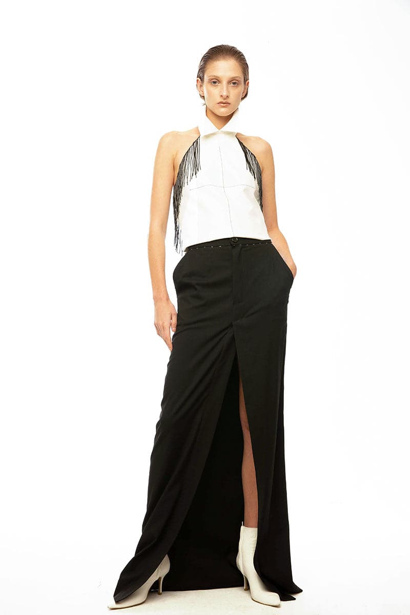 Vaska white beaded fringe top featuring intricate beadwork and flowing fringe, stylish and perfect for casual or dressy occasions.