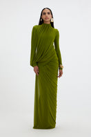 Deme By Gabriella Suzie Maxi Dress in flowing fabric with a floral pattern, full-length design, perfect for summer occasions.