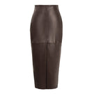 Brown leather midi skirt by Kris Marán, front view showing fitted waist and flowing A-line silhouette.