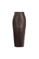 Brown leather midi skirt by Kris Marán, front view showing fitted waist and flowing A-line silhouette.
