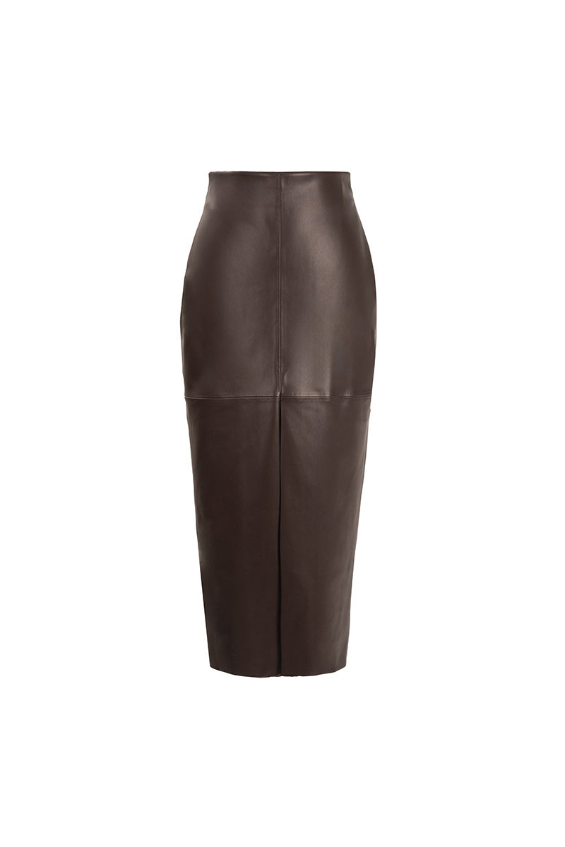 Brown leather midi skirt by Kris Marán, front view showing fitted waist and flowing A-line silhouette.