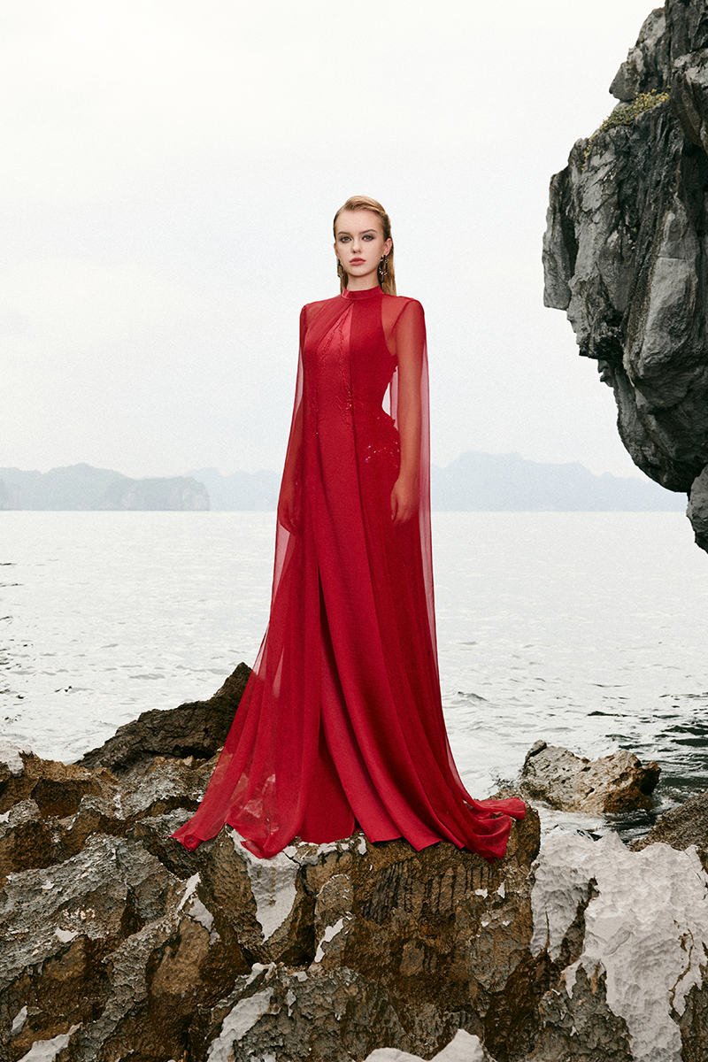 LONG SEE-THROUGH CAPE FLARED DRESS - CULT MIA