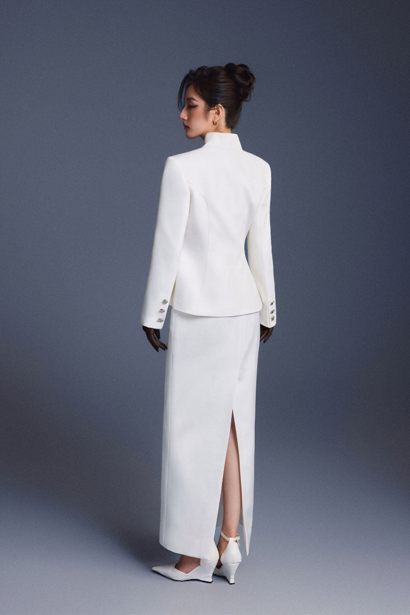 White zipper peplum top by Keira Tong featuring a fitted design and stylish peplum detail, perfect for casual or chic outfits.