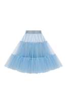 Sudi Etuz midi low waist tulle skirt with a tweed waistband, flowing layered tulle fabric, and stylish design.