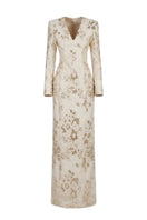 Elegant Margée Atelier Aurelia Brocade Gown with intricate floral embroidery and luxurious fabric, displayed on a mannequin.