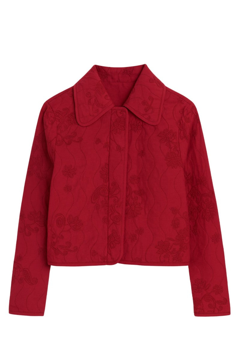 Rebecca Taylor Zuri quilted jacket in dark berry with a stylish quilted design and cozy fit, suitable for fall and winter wear.