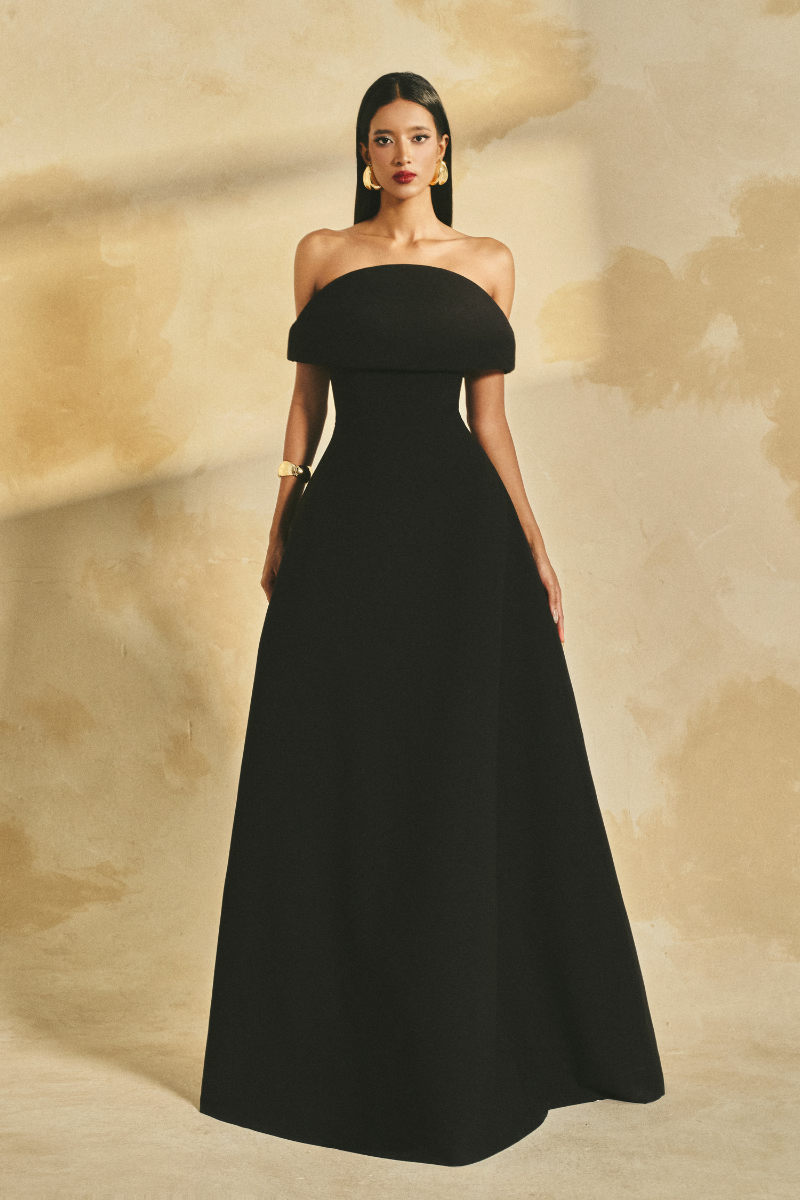 OFF-SHOULDER POLY CREPE FLARED MAXI DRESS