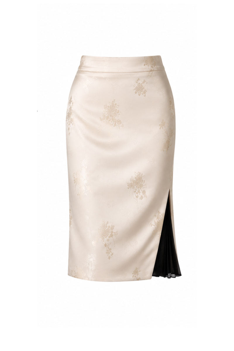 Ivory flowered midi pencil skirt by LeCIA, showcasing a fitted design with a floral print and sleek silhouette.