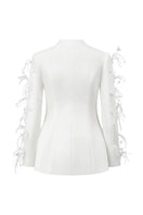 White Jane blazer by Arti Apparel displayed on a hanger, featuring a tailored fit and classic lapel design.