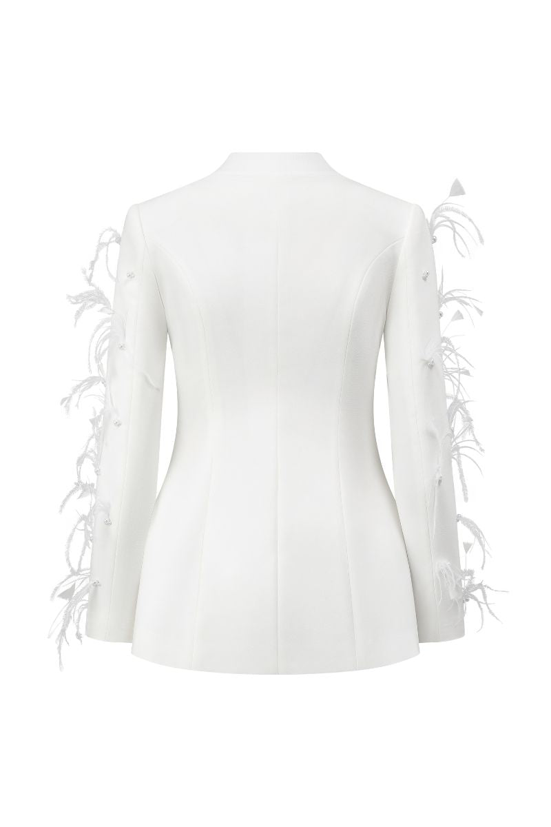 White Jane blazer by Arti Apparel displayed on a hanger, featuring a tailored fit and classic lapel design.
