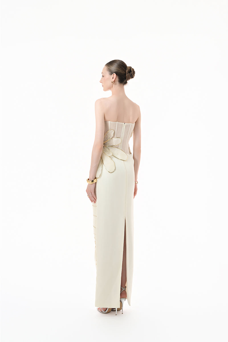 Ivory 3D floral corset column gown by Happy Clothing, featuring intricate floral detailing and a fitted silhouette.