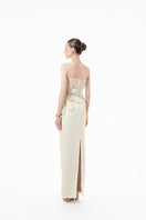 Ivory 3D floral corset column gown by Happy Clothing, featuring intricate floral detailing and a fitted silhouette.