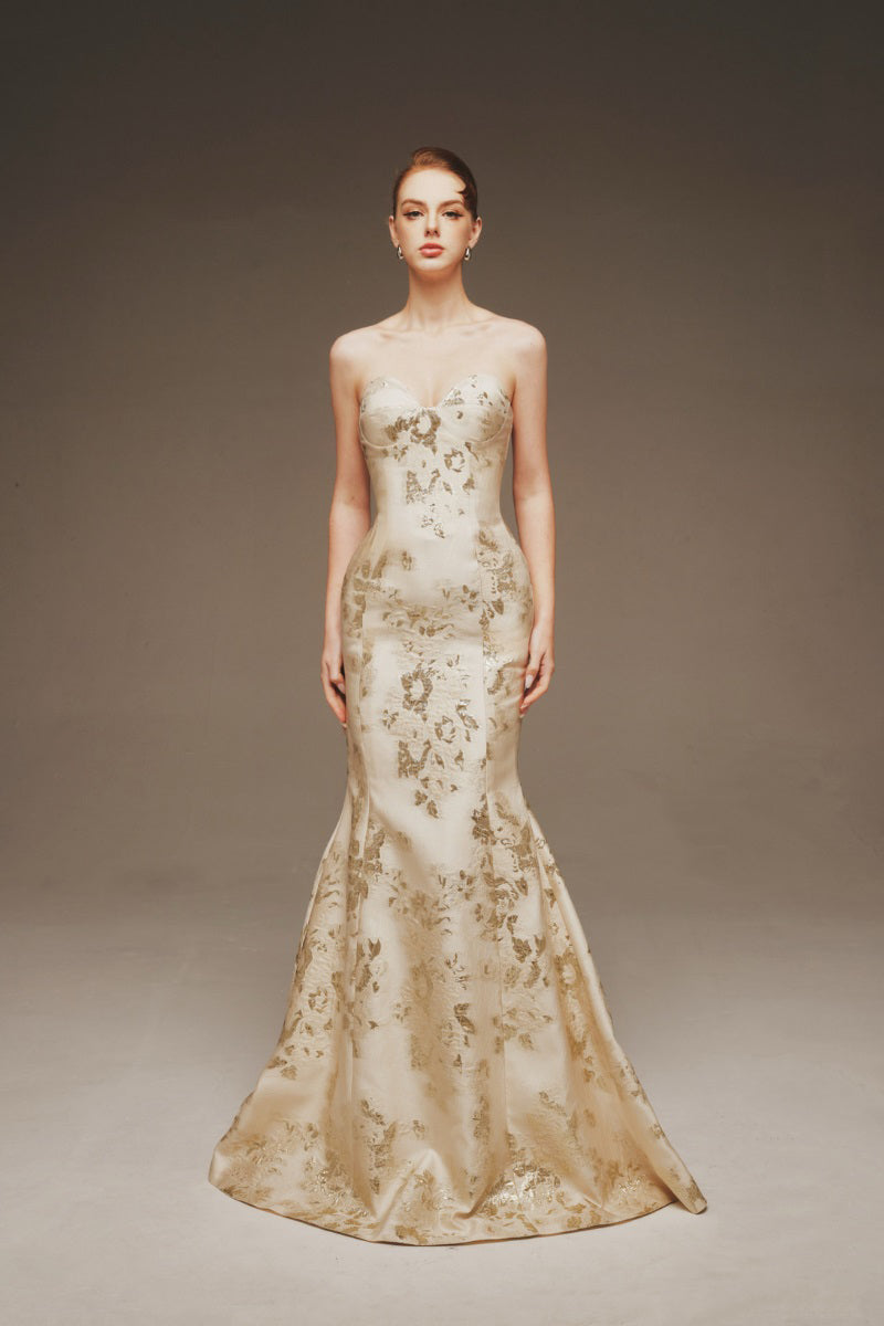 Elegant AURELIA floral mermaid gown by Margée Atelier, featuring intricate floral patterns and a fitted silhouette in this maxi dress image.