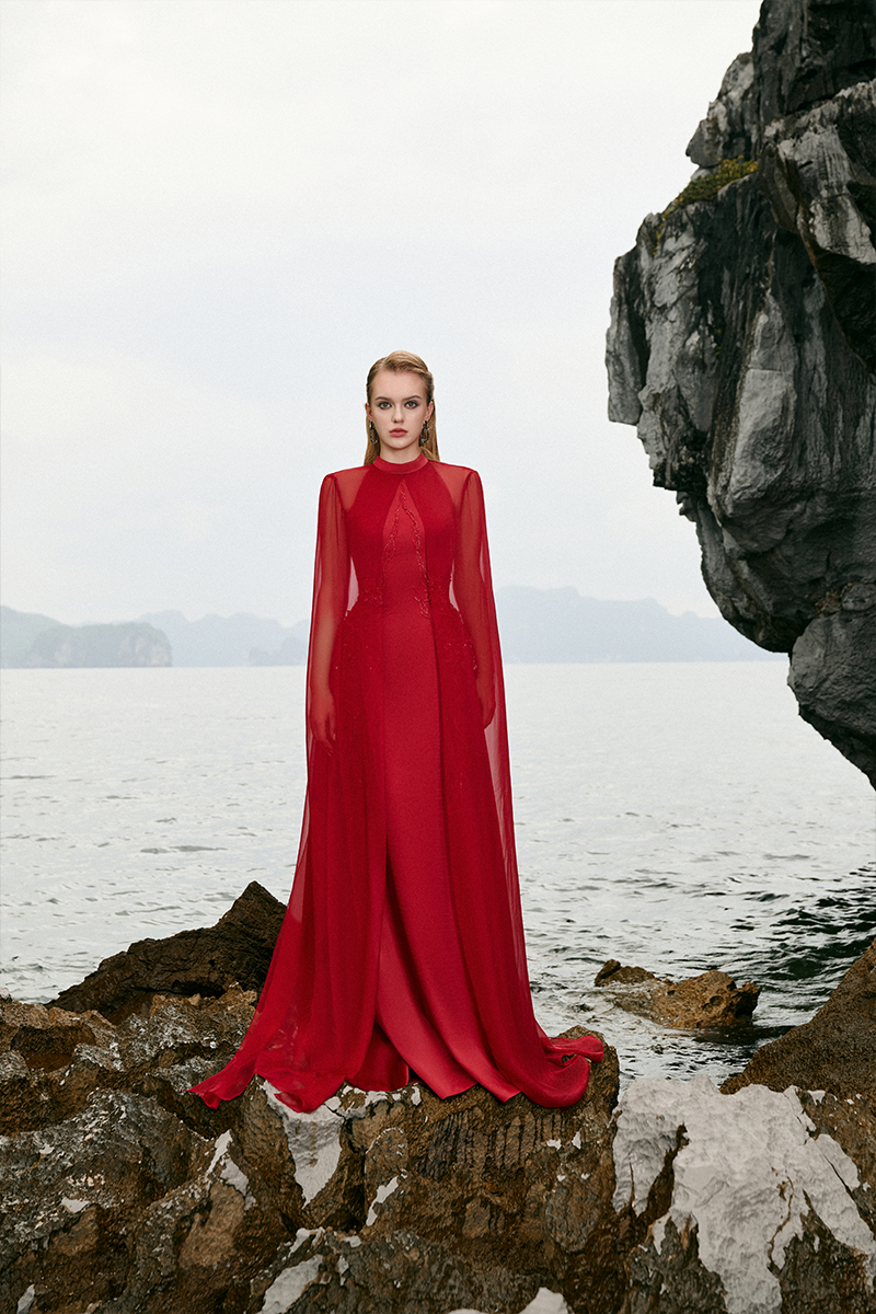 LONG SEE-THROUGH CAPE FLARED DRESS - CULT MIA
