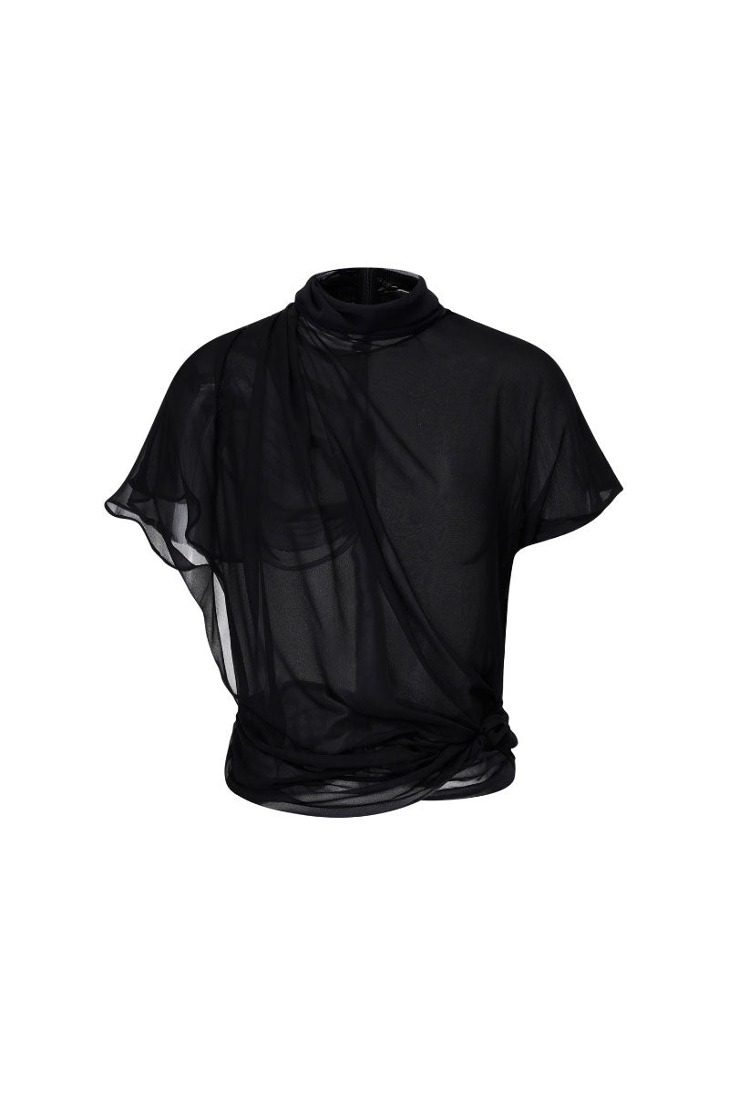 Black sheer high-neck top by Levia, featuring a fitted design and long sleeves, perfect for stylish layered looks.
