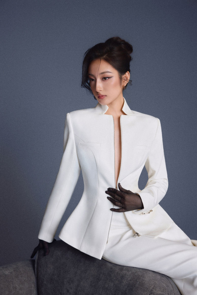 White zipper corset pencil skirt from Keira Tong, maxi skirt style with fitted design and front zipper detail.