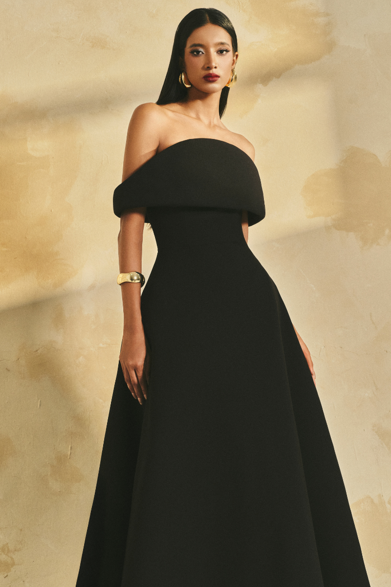 OFF-SHOULDER POLY CREPE FLARED MAXI DRESS | CULT MIA | L'SCARLETT OFF-SHOULDER POLY CREPE FLARED MAXI DRESS | CULT MIA | L'SCARLETT
