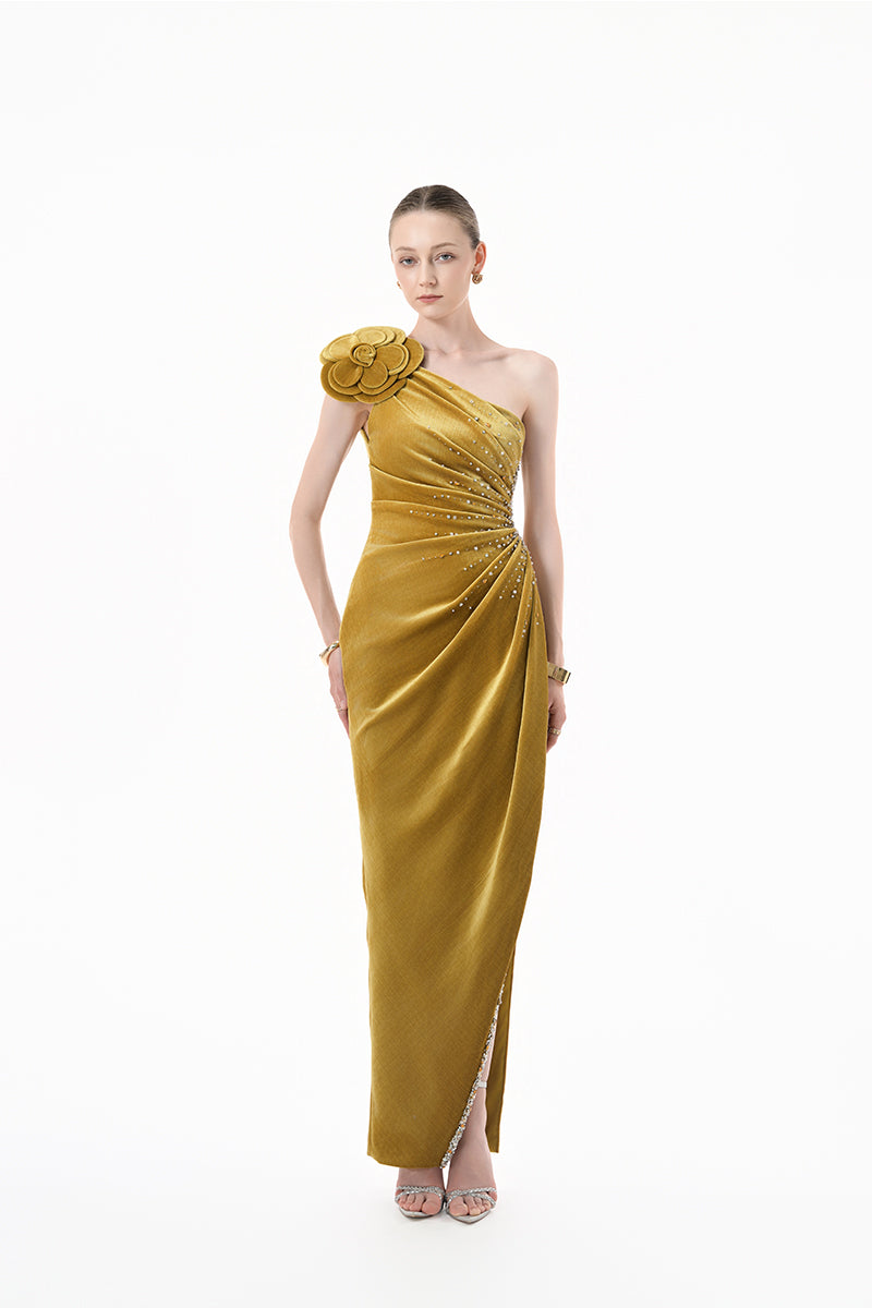 Chartreuse gold velvet one-shoulder floral gown by Happy Clothing, featuring elegant draped fabric and intricate floral details.