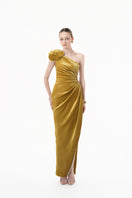 Chartreuse gold velvet one-shoulder floral gown by Happy Clothing, featuring elegant draped fabric and intricate floral details.
