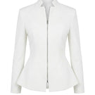 White zipper peplum top by Keira Tong, featuring a fitted design with a front zipper and peplum flare detail.