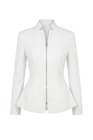 White zipper peplum top by Keira Tong, featuring a fitted design with a front zipper and peplum flare detail.