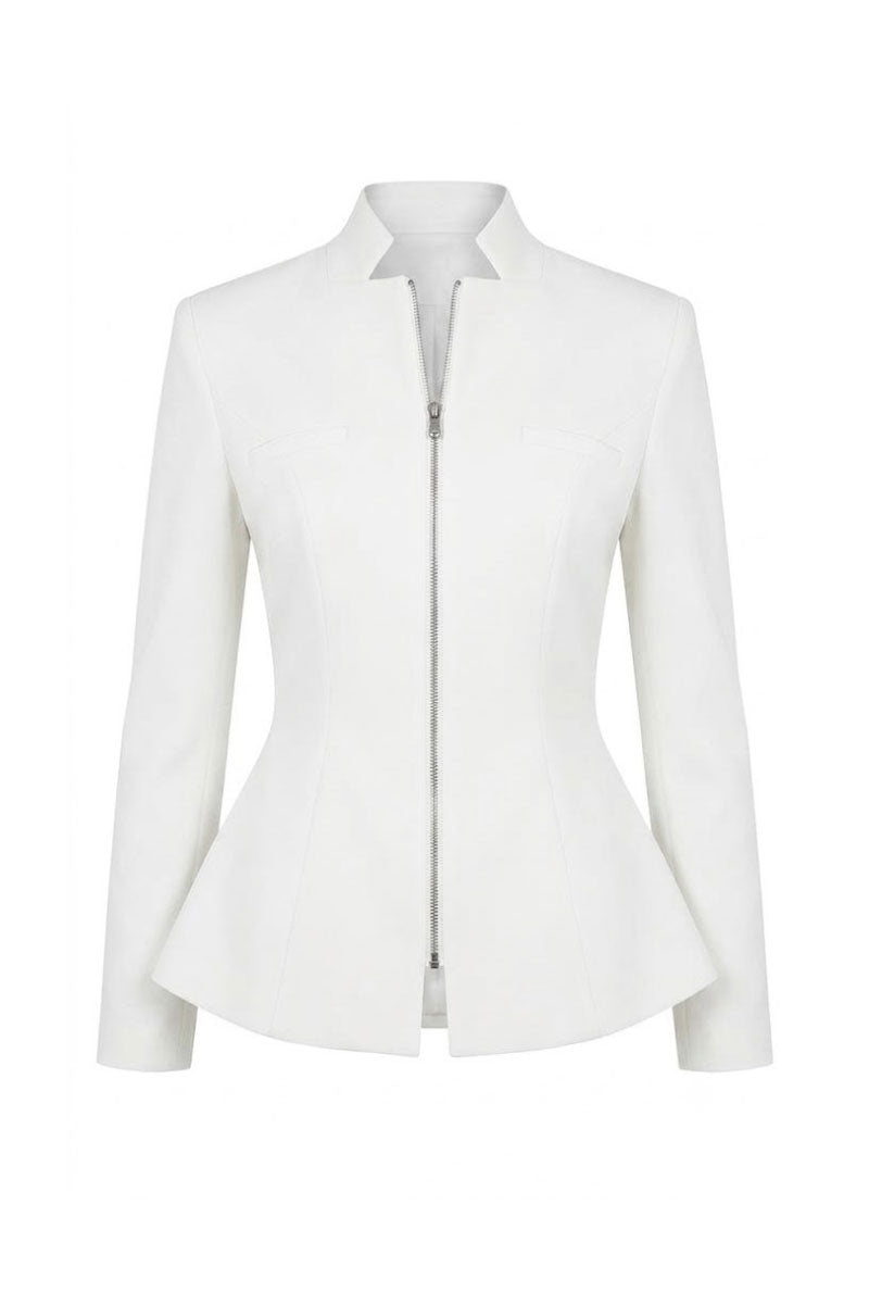 White zipper peplum top by Keira Tong, featuring a fitted design with a front zipper and peplum flare detail.