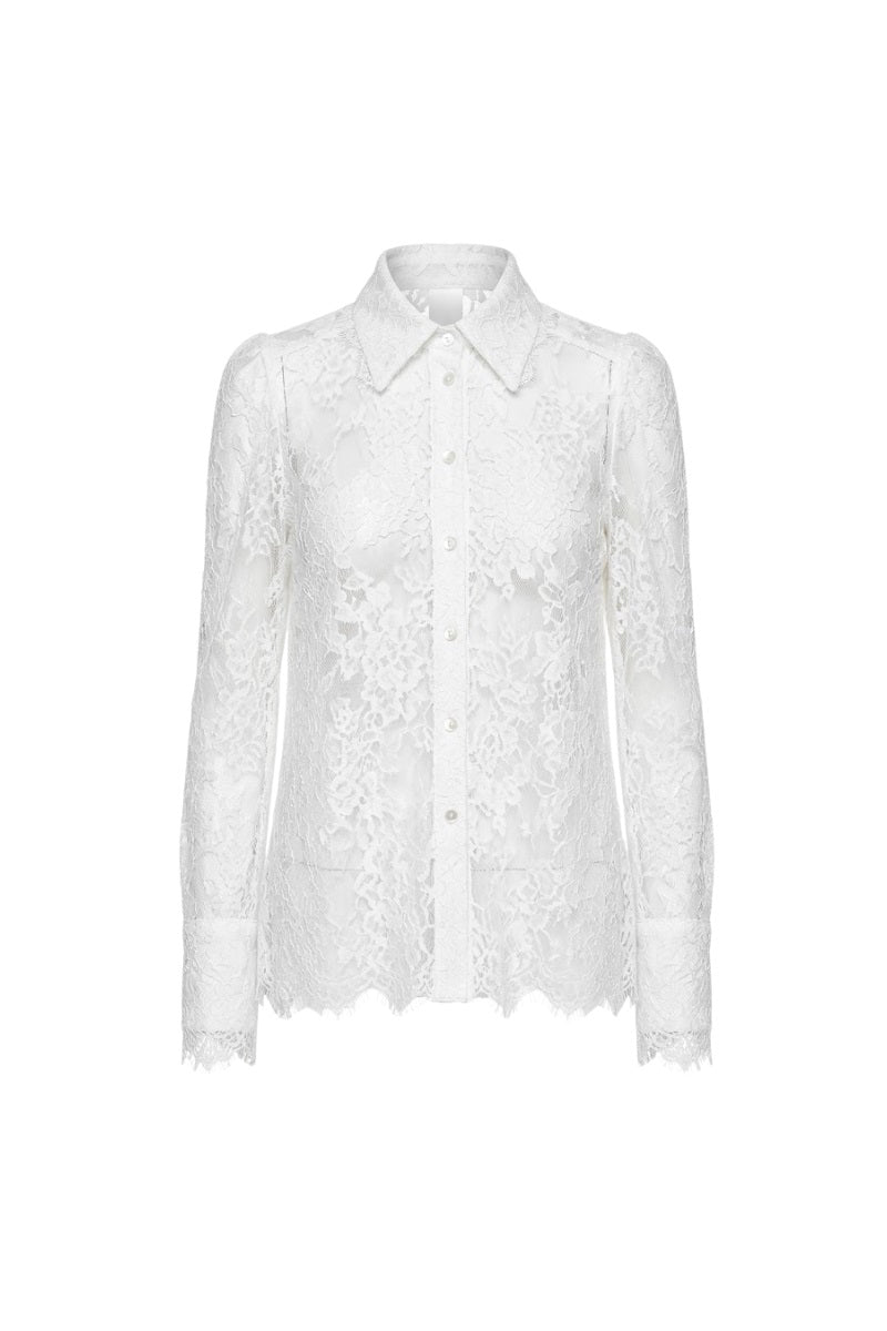 White petal sheer long-sleeve shirt by Keira Tong, featuring delicate floral design and lightweight, transparent fabric.