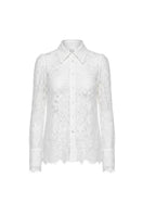 White Petal Sheer Long Sleeve Shirt by Keira Tong, featuring delicate floral detail and lightweight, airy fabric on a model.