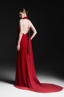 Red Zafielle halter gown by Maison Des Copains, floor-length dress with elegant design, suitable for formal occasions.