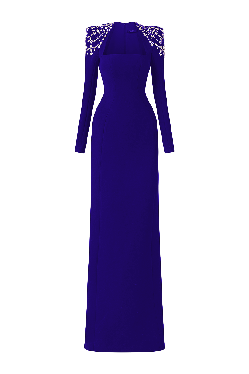 COBALT BLUE LONG SLEEVE TRAPEZOID NECKLINE BODYCON FULL DRESS - CULT MIA