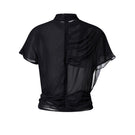 Black sheer high-neck top by Lecia, showcasing lightweight, semi-transparent fabric with a fitted high neckline and long sleeves.