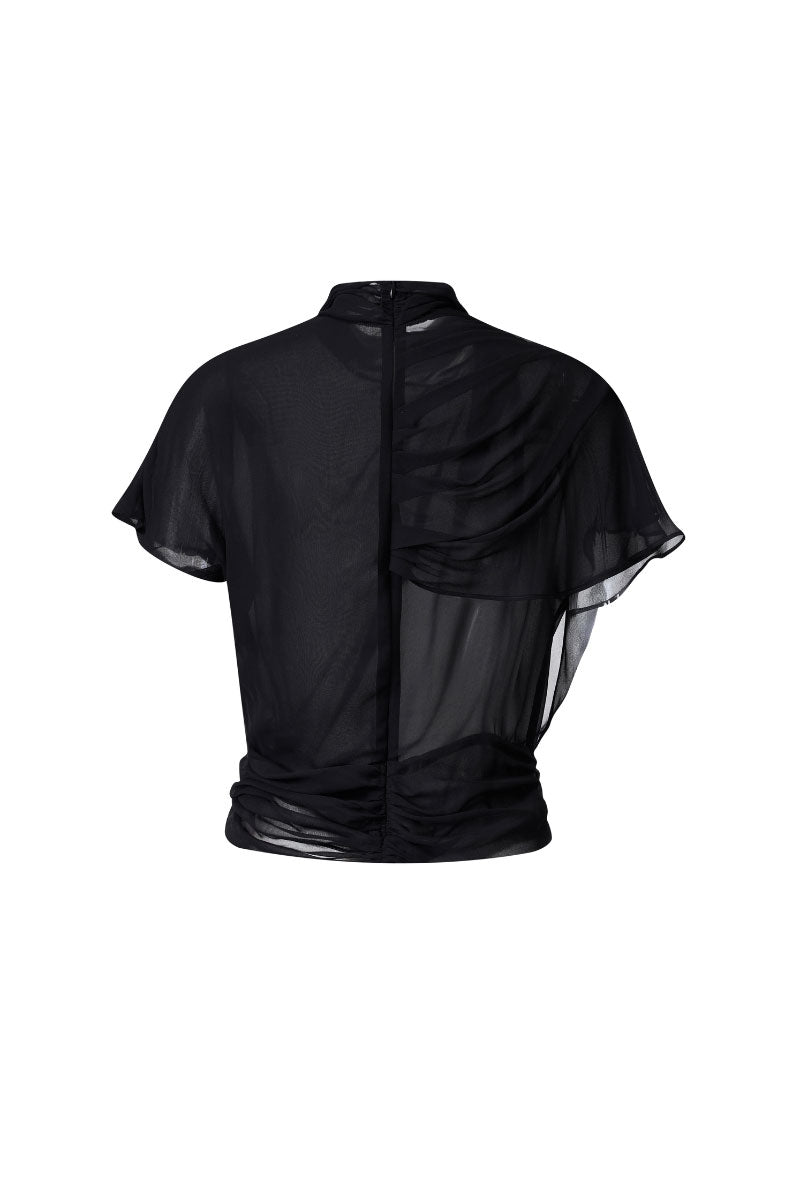 Black sheer high-neck top by Lecia, showcasing lightweight, semi-transparent fabric with a fitted high neckline and long sleeves.