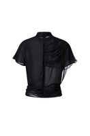 Black sheer high-neck top by Lecia, showcasing lightweight, semi-transparent fabric with a fitted high neckline and long sleeves.