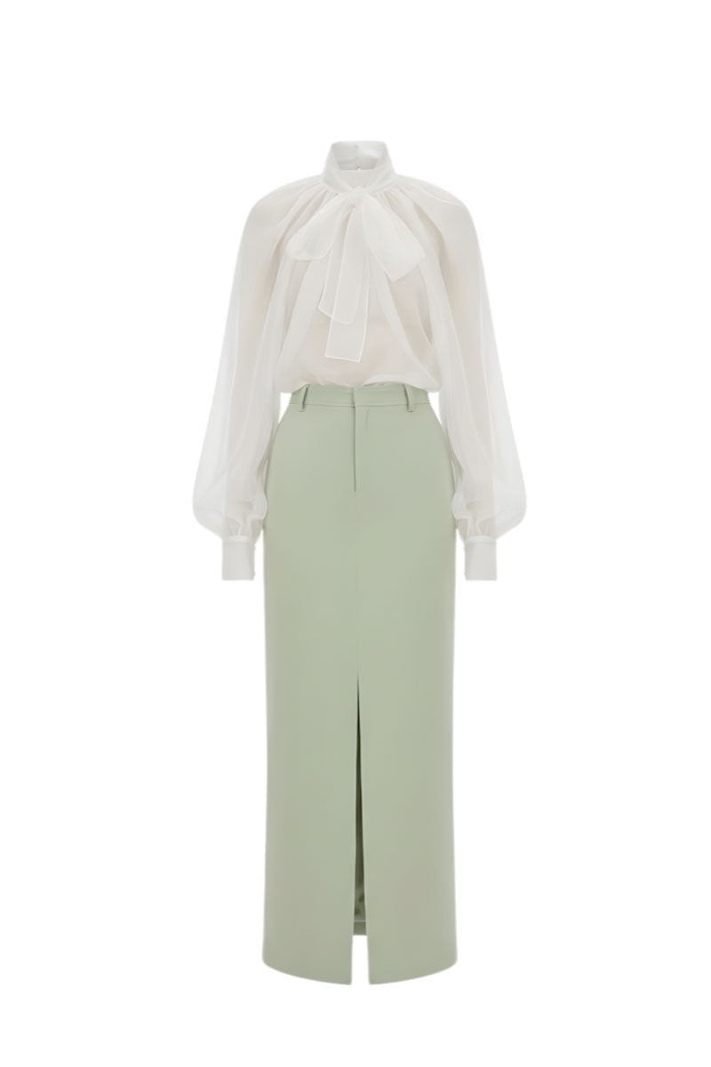 White Plan Elise blouse and skirt co-ord set featuring a stylish matching top and bottom ensemble.