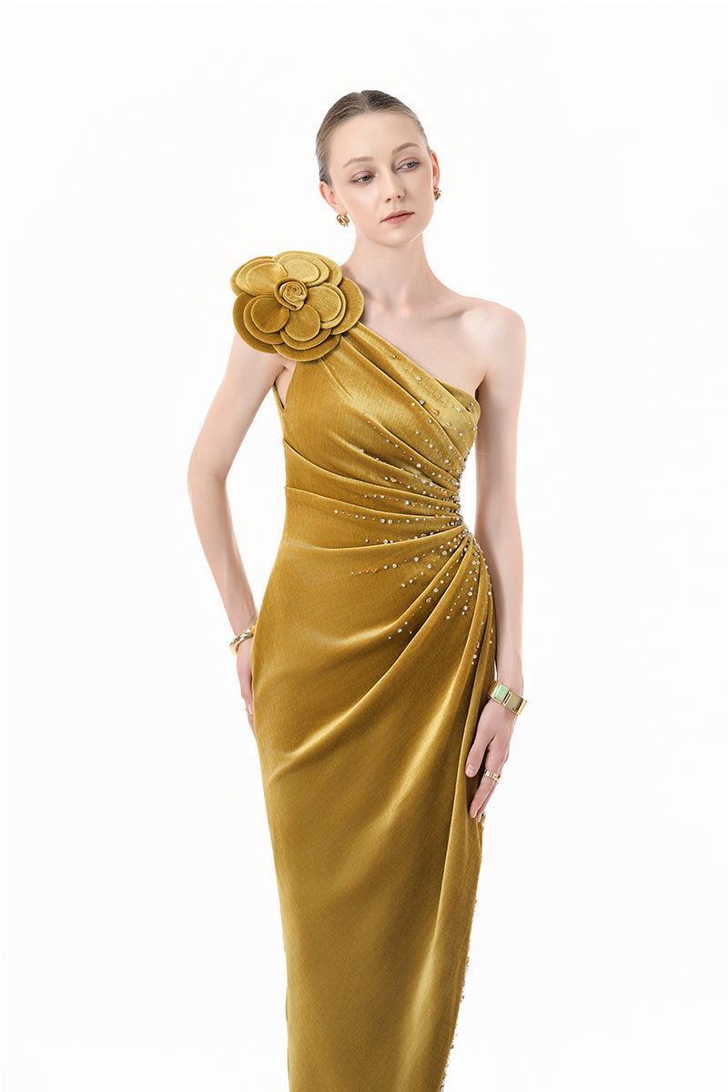 Chartreuse gold velvet one-shoulder floral gown by Happy Clothing, featuring elegant draping and floral details.