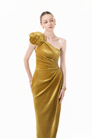 Chartreuse gold velvet one-shoulder floral gown by Happy Clothing, featuring elegant draping and floral details.