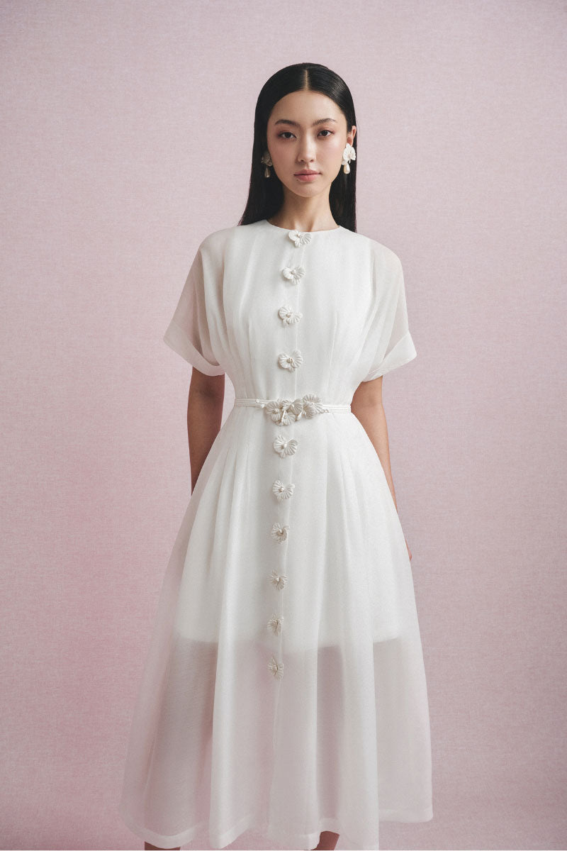 White Plan Alina Sheer Midi Dress shown flowing on a model with delicate fabric and elegant design.