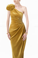 Elegant chartreuse gold velvet one-shoulder floral gown by Happy Clothing, showcasing intricate floral details and luxurious fabric.
