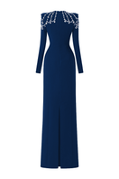 Navy blue Tracy Studio long sleeve bodycon gown with trapezoid neckline, form-fitting full-length dress on model.