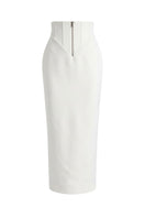 White zipper corset pencil skirt by Keira Tong, featuring a sleek maxi skirt design with a fitted silhouette and front zipper detail.