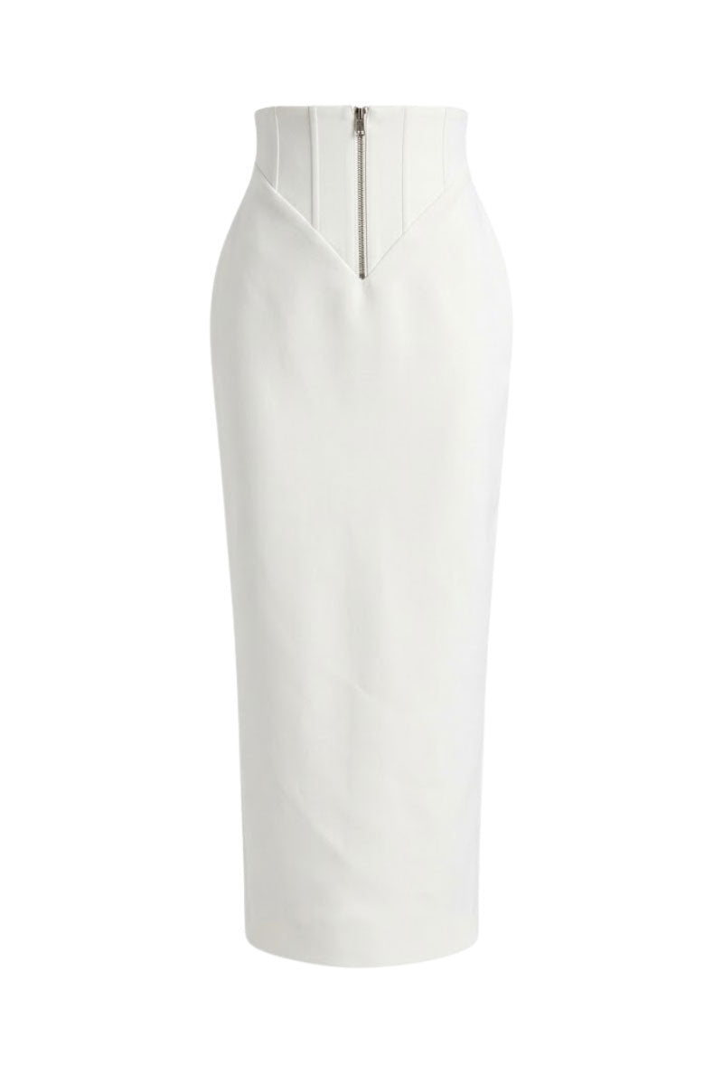 White zipper corset pencil skirt by Keira Tong, featuring a sleek maxi skirt design with a fitted silhouette and front zipper detail.