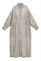 Floral embroidered oversized shirt dress with inner dress, maxi length, by SHATHA ESSA, featuring colorful floral patterns and flowing fabric.