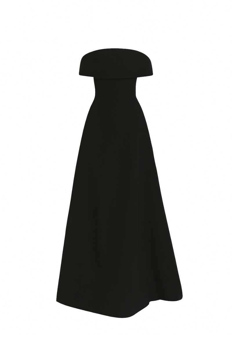 OFF-SHOULDER POLY CREPE FLARED MAXI DRESS