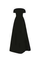 L'SCARLETT off-shoulder poly crepe flared gown with long sleeves and a fitted bodice, flowing skirt, and elegant design.