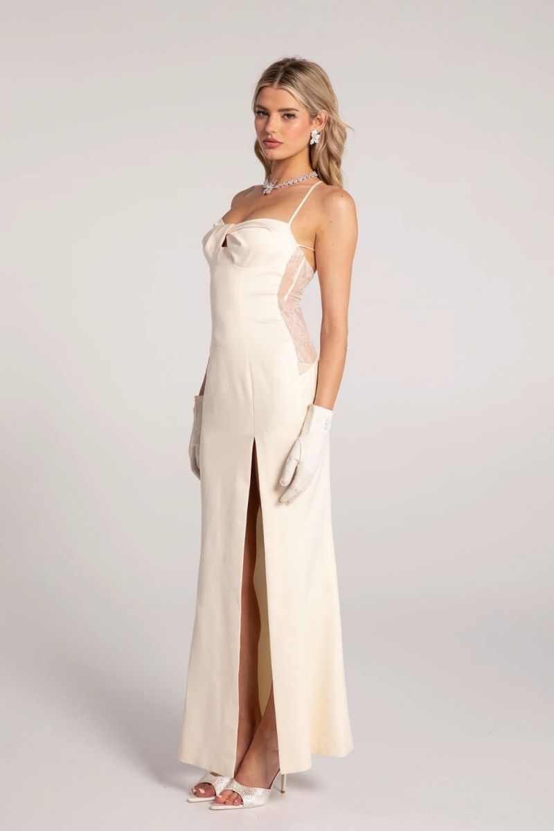 ALAINA CHAMPAGNE LACE BACK GOWN - CULT MIA