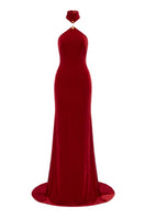 Red Zafielle halter floor-length gown by Maison Des Copains, featuring elegant draping and a flowing silhouette.