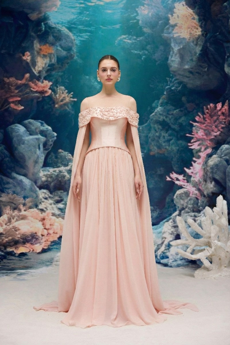 Light pink Isabeau Royal taffeta and chiffon gown by 21Six, elegant formal dress with flowing fabric and intricate details.