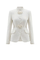 Ivory sculpted co-ord set by White Plan featuring a fitted top and matching high-waisted pants, stylish and elegant for modern wear.