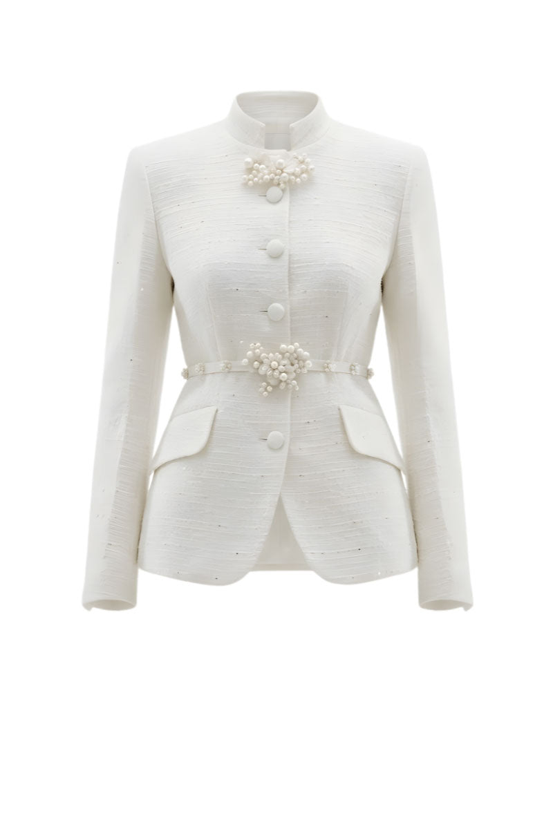 Ivory sculpted co-ord set by White Plan featuring a fitted top and matching high-waisted pants, stylish and elegant for modern wear.